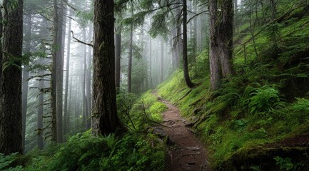 Obraz premium Misty forest trail winds through lush greenery