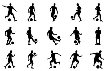 Dynamic silhouettes of soccer players in various action poses, dribbling and controlling the ball, ideal for sports and athletic themes.