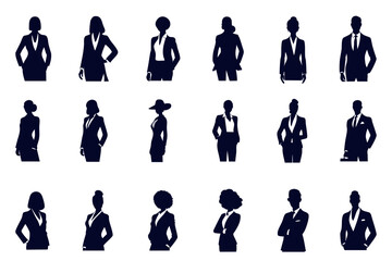 A dynamic collection of diverse business professional silhouettes, featuring a variety of poses and hairstyles perfect for corporate and commercial use.
