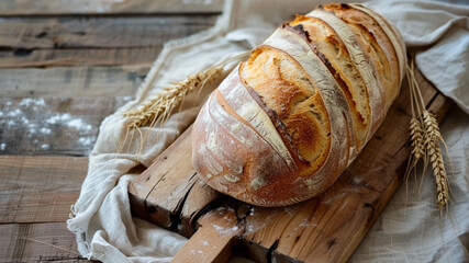 A golden brown artisanal loaf rests on a wooden cutting board surrounded by sprigs of fresh herbs. The rustic kitchen ambiance adds warmth to the inviting scene, generative ai