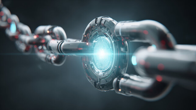 blockchain chain links forming closed loop around stylized AI core blue energy pulses secure technology theme illustration concept scene visual for commercial design use high detail quality stock img