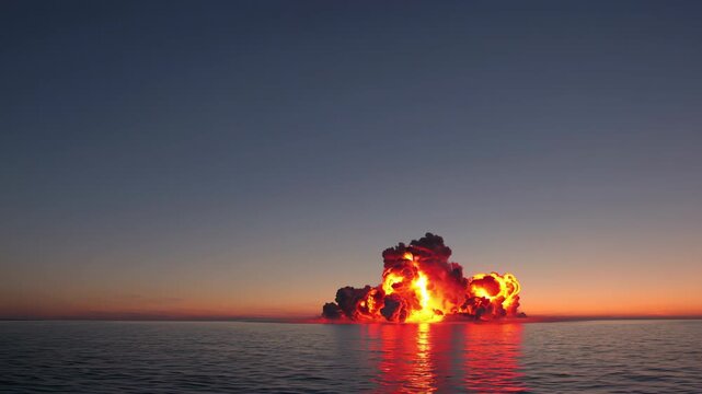 Massive fiery explosion rising from ocean surface during dusk. Concept of destruction and cinematic impact
