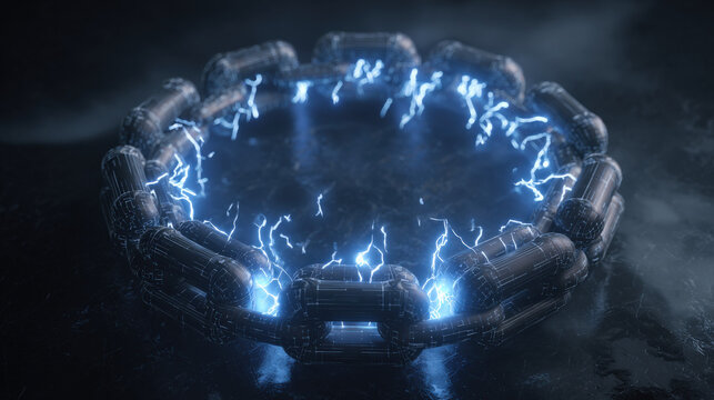 blockchain chain links forming closed loop around stylized AI core blue energy pulses secure technology theme illustration concept scene visual for commercial design use high detail quality stock img - Powered by Adobe