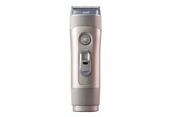 Electric beard trimmer featuring central power switch and charging contacts at the base, isolated on transparent background.
