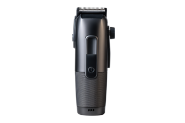 Electric beard trimmer featuring central power switch and charging contacts at the base, isolated on transparent background.
