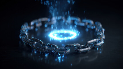 blockchain chain links forming closed loop around stylized AI core blue energy pulses secure technology theme illustration concept scene visual for commercial design use high detail quality stock img