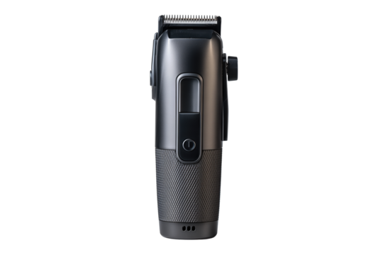 Electric beard trimmer featuring central power switch and charging contacts at the base, isolated on transparent background.
