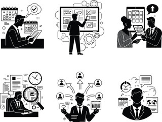 Black-and-white cartoon business professionals—planning, presenting, scheduling, reviewing—clean office illustration set for editorial, education, corporate, productivity, strategy use