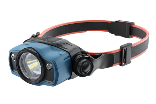 A wearable LED headlamp featuring smooth matte housing and elastic strap, shown at an angle, isolated on transparent background.
