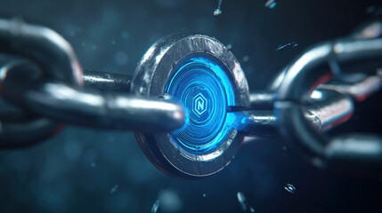 blockchain chain links forming closed loop around stylized AI core blue energy pulses secure technology theme illustration concept scene visual for commercial design use high detail quality stock img