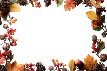 Autumnal border of leaves, berries, and pinecones