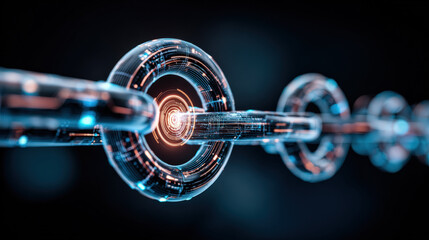 blockchain chain links forming closed loop around stylized AI core blue energy pulses secure technology theme illustration concept scene visual for commercial design use high detail quality stock img