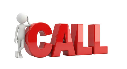 Stylized 3d figure leaning on bold red call letters isolated on transparent background