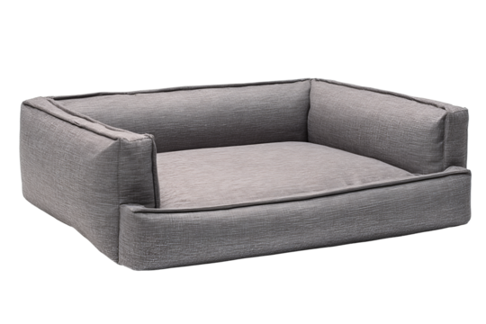 Rectangular pet bed featuring flat base, removable cover, and supportive bolsters, shown at an angle, isolated on transparent background.
