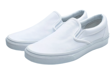 A pair of slip-on sneakers with canvas uppers, elastic side gores, and clean vulcanized soles, isolated on transparent background.
