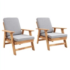 Fototapeta premium Pair of light brown wooden outdoor armchairs with gray cushions