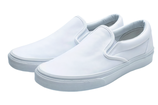 A pair of slip-on sneakers with canvas uppers, elastic side gores, and clean vulcanized soles, isolated on transparent background.
 - Powered by Adobe