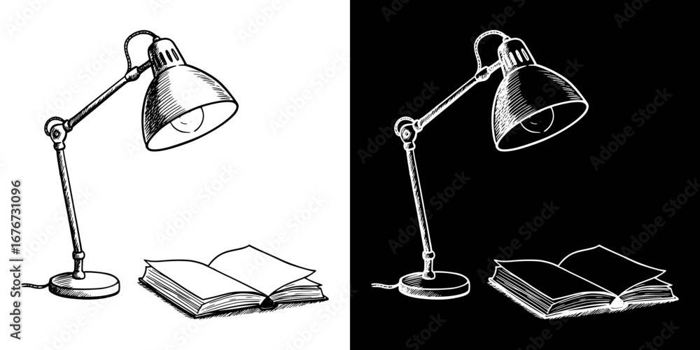 Aufkleber monochrome isolated vector image of a desk lamp illuminating an open book on transparent and black b