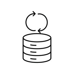 Data Synchronization Icon: A minimalist vector illustration of a database with circular arrows overhead, perfectly representing data synchronization, update, and backup processes. 