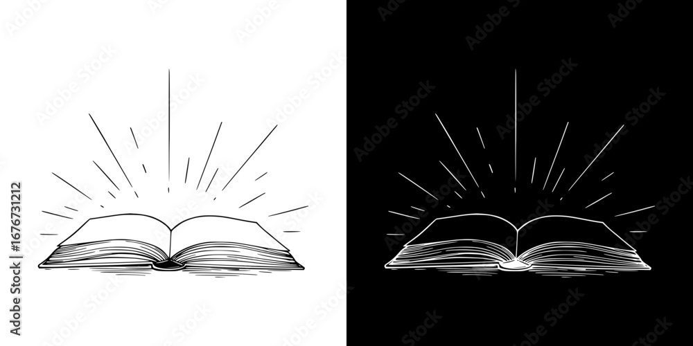 Aufkleber monochrome isolated vector image of an open book with rays symbolizes the light of knowledge, two de