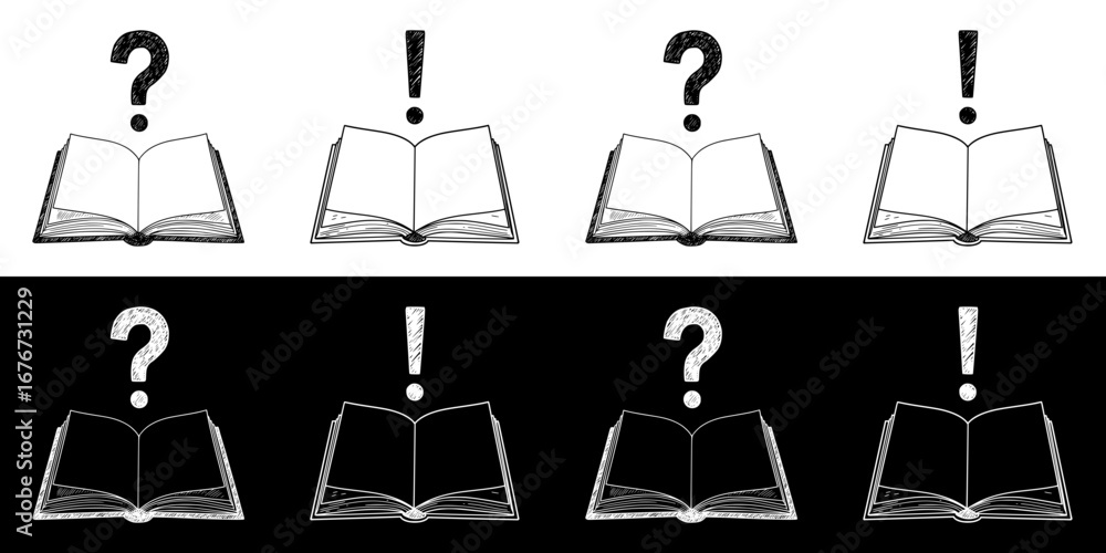 Poster monochrome isolated vector image of open book with questions and exclamations, two design options on