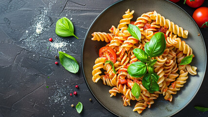 Fusilli pasta is topped with ripe tomatoes and fresh basil leaves, creating a vibrant dish. The serving bowl rests on a dark background, enhancing the meal's appeal.generative ai