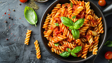 Fusilli pasta is topped with ripe tomatoes and fresh basil leaves, creating a vibrant dish. The serving bowl rests on a dark background, enhancing the meal's appeal.generative ai