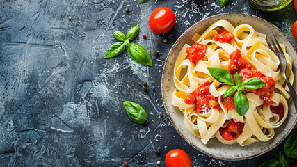 Fusilli pasta is topped with ripe tomatoes and fresh basil leaves, creating a vibrant dish. The serving bowl rests on a dark background, enhancing the meal's appeal.generative ai