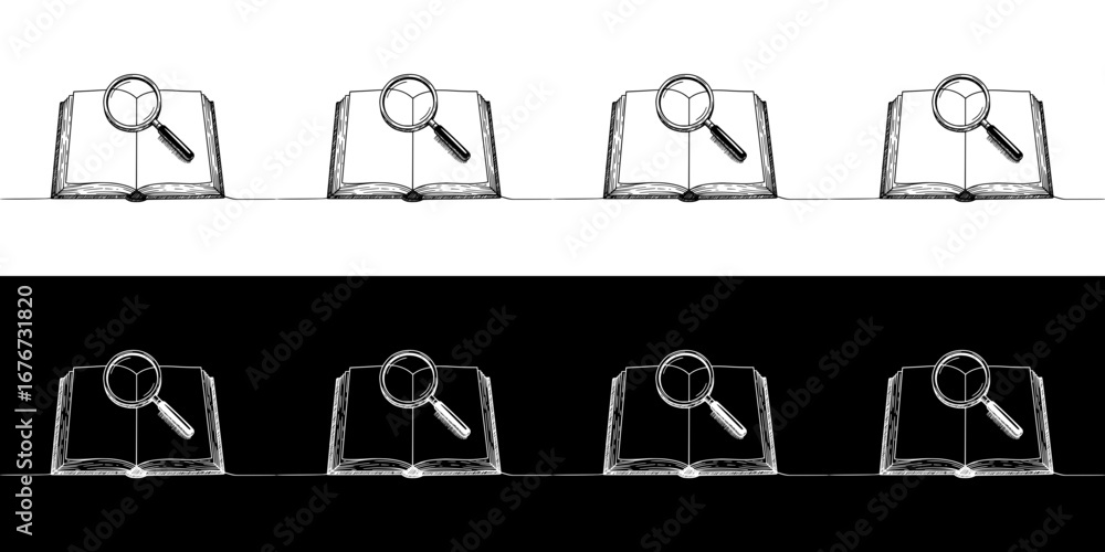 Aufkleber monochrome isolated vector image of an open book and magnifying glass, two design options on transpa
