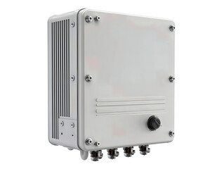 Fototapeta premium A solar inverter box with wall-mount enclosure, heat sink fins, and capped cable glands, isolated on transparent background. 