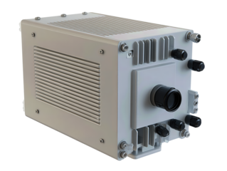 A solar inverter box with wall-mount enclosure, heat sink fins, and capped cable glands, isolated on transparent background.
