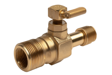 A brass ball valve with full-port body, hexagonal ends, and lever handle aligned to flow, isolated on transparent background.
