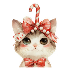 Festive cat with candy cane holiday theme digital art cheerful environment close-up view cute concept