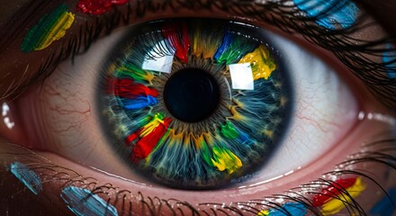 Close up blue eye with rainbow paint colorful iris and detailed artistic design