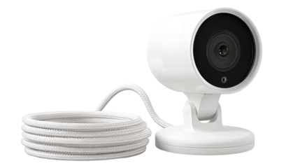 A modern HD webcam with privacy shutter engaged, tidy hinge mount, and sleek finish, isolated on transparent background.
