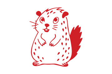 Cartoon Red Beaver with Chubby Cheeks and Small Teeth on White Background