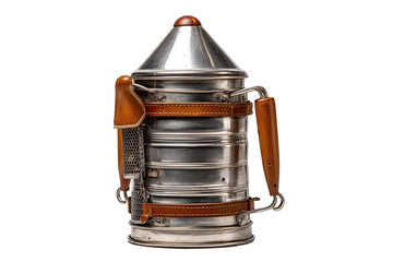A beekeeping smoker with stainless canister, conical lid, and leather bellows partially compressed, isolated on transparent background.
