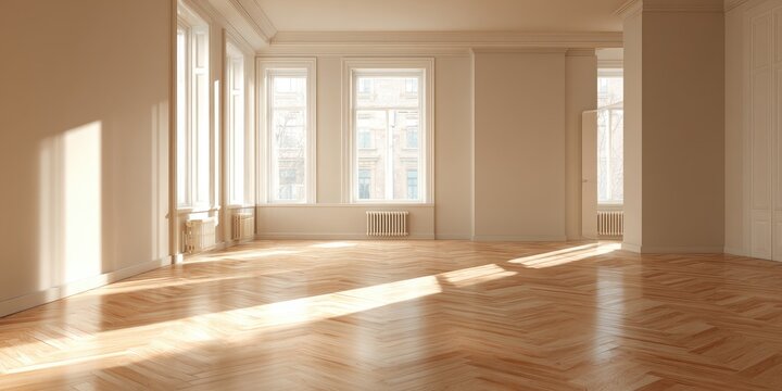 Empty, sunlit room with parquet floors