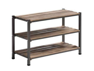 A compact hallway shoe rack with steel frame, three shelves, and neat construction, isolated on transparent background.
