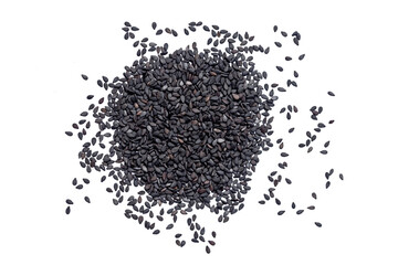 Black sesame seeds close up on white background