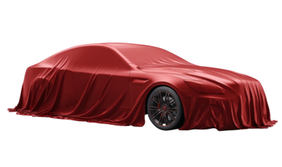 Red car draped in a red cloth