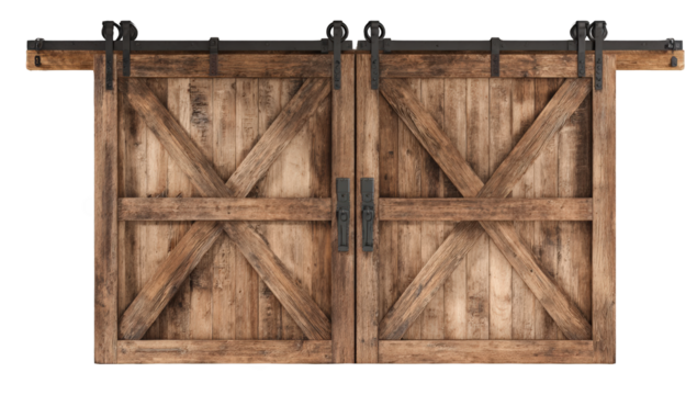 Rustic wooden double doors with cross-beams