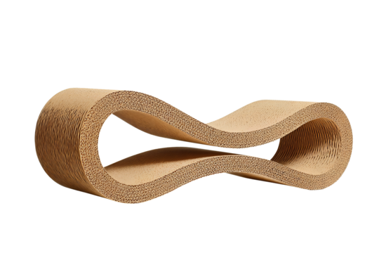 Curved chaise-shaped cat scratcher made of corrugated cardboard with tidy edges and low profile, isolated on transparent background.
