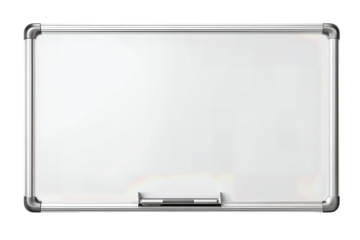 A rectangular magnetic whiteboard with neat glossy finish, sturdy frame, and tidy pen tray, isolated on transparent background.
