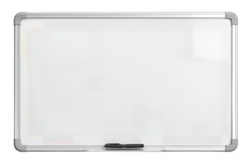 A rectangular magnetic whiteboard with neat glossy finish, sturdy frame, and tidy pen tray, isolated on transparent background.
