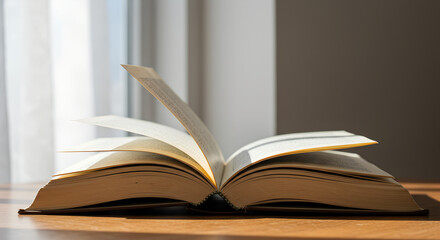 Obraz premium Open book resting on wooden table in natural light by window 