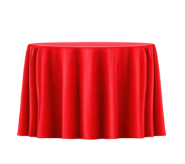 A red table cloth on a round table