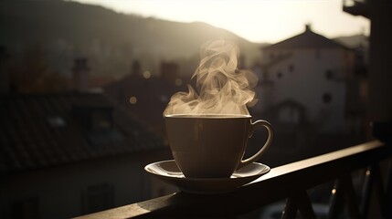 A steaming hot cup of coffee with a rich, dark brown aroma on a table, perfect for a cozy morning breakfast at a cafe