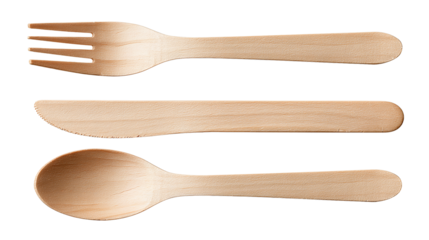 A wooden disposable cutlery set with fork, knife, and spoon aligned parallel, smooth birch finish, isolated on transparent background.

