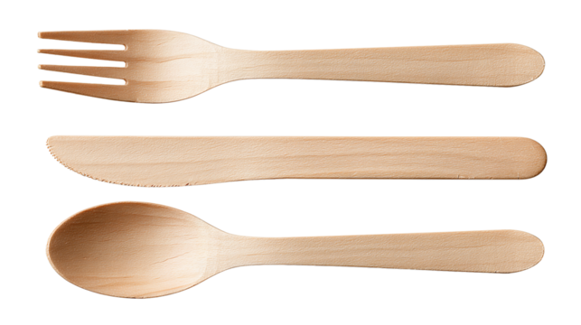 A wooden disposable cutlery set with fork, knife, and spoon aligned parallel, smooth birch finish, isolated on transparent background.

